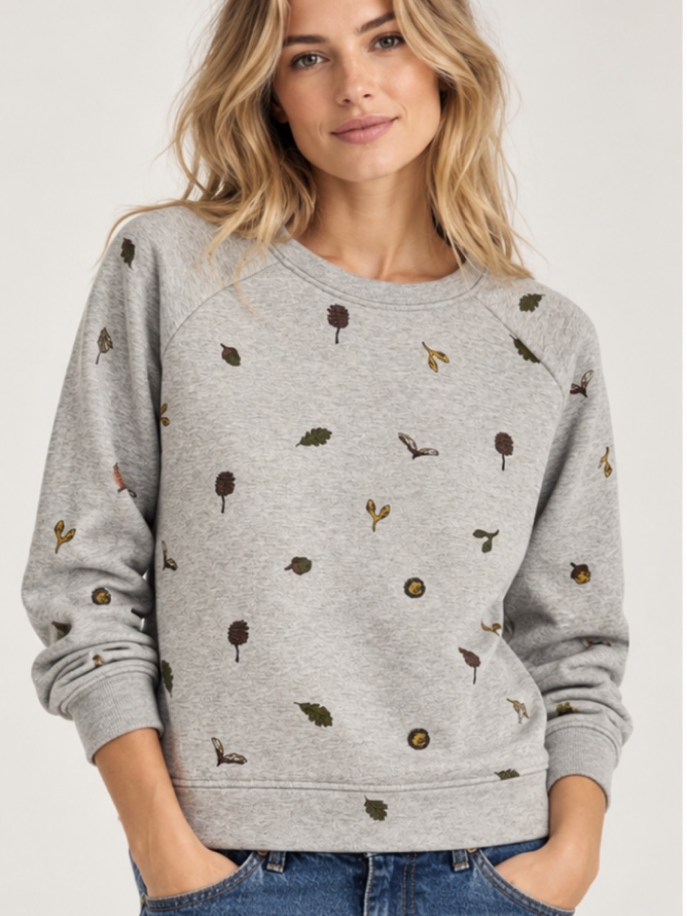 Barbour Grey Printed Crewneck Sweatshirt with Olive Leaf Motif Size 6 Cotton